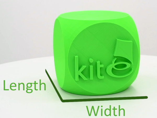 a bright green cube with Kite Packaging's logo, labelled to show length and width dimensions for finding the right box size